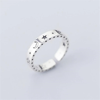 Sole Memory Retro Thai Silver Shiny Moon Stars Smile Smiley 925 Sterling Silver Female Resizable Opening Rings SRI552