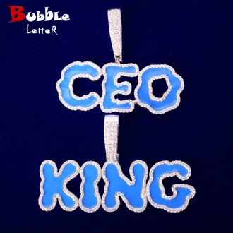 Solid Back Custom Name Blue Oil Bubble Letters Pendant Necklaces For Men Women Bling Cubic Zircon Hip Hop Rokas Jewelry
