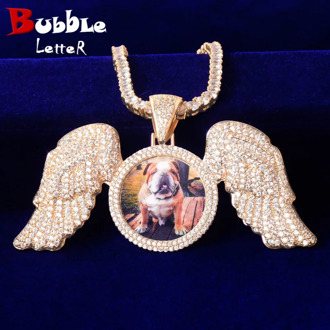 Solid Back Wings Round Memory Picture Photo Pendant Tennis Necklace Micro Pave Charm Men's Hip hop Rock Jewelry