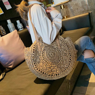 Solid Beach Big Woven Bags Women Zipper Straw Summer Bags Rattan Circle Tote Bag Capacity Shoulder Bag Lady Totes Handbags Woman