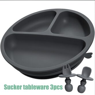 Solid Silicon Plaat Vork Lepel Set Voor Baby Kinderen Gerechten Zuig Waggel Training Servies Kinderen Voeden Accessoires 03 donker grijs