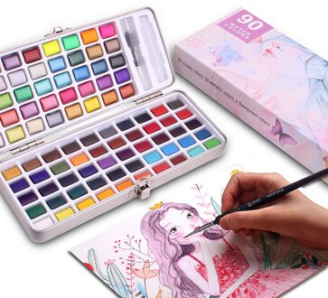 Solide Aquarel Verf Set, Tot 100 Kleuren Draagbare Kwast Aquarel Borstel Voor Kinderen Beginner Art Supplies Tekening 90 kleuren