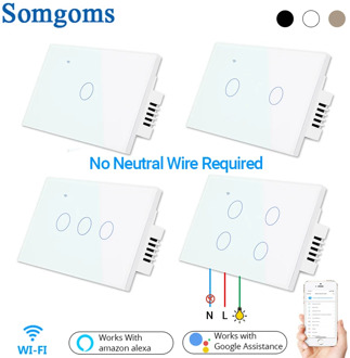 Somgoms Smart Wifi Touch Wall Light Switch, No Neutral Wire, APP Remote Home Drive,works with Alexa Google ,1/2/3/4 Gang