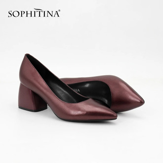 SOPHITINA Mature Classics Women's Pumps High Square Heel Cow Leather Career Pointed Toe Slip-On Shoes Fashion Shallow Pumps SC27