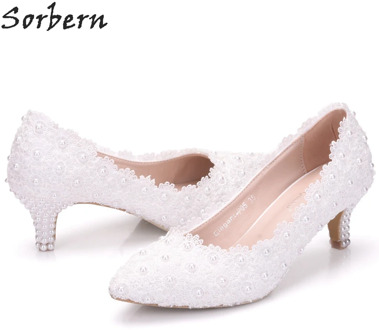 Sorbern 5Cm Comfortable Flower Wedding Shoes White Slip On Stilettos Low Heels Pointy Toes Colorful Appliques Shoes Bridal Heels