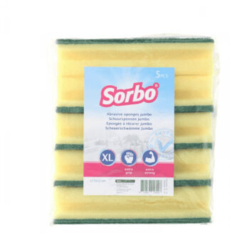 Sorbo 5x Schoonmaakspons / schuurspons viscose met groene schuurlaag 17,5 x 10,5 x 5 cm - Schuursponzen