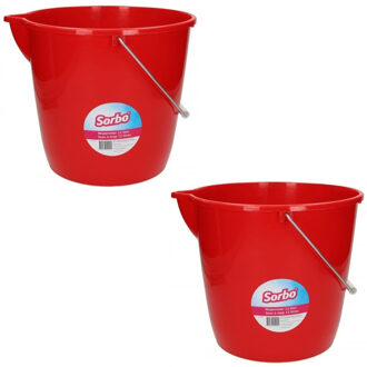 Sorbo mop/schoonmaak emmer - 2x - rood - 12 liter - emmer met maataanduiding en schenktuit