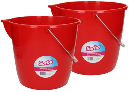 Sorbo mop/schoonmaak emmer - 3x stuks - rood - 12 liter - emmer met maataanduiding en schenktuit