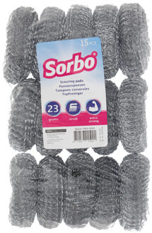 Sorbo pannenspons - 15x - 23 grams - extra sterk - metaalsponsjes - Sponzen Zilverkleurig