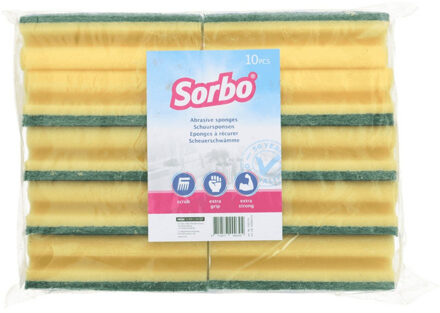 Sorbo Schuurspons - 10x stuks - schoonmaakspons - groene schuurvlak - 14x7x4,5 cm - viscose