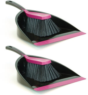 Sorbo Stoffer en blik zwart/roze - 2x - kunststof kamerveger/handveger met blik