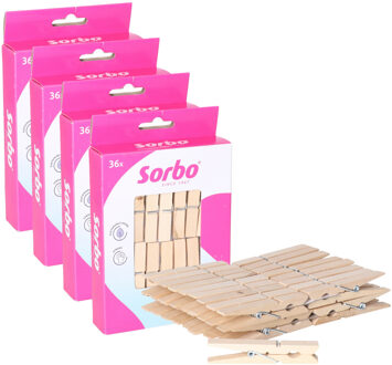 Sorbo wasknijpers hout - 144x stuks - knijpers / wasspelden - wasgoed ophangen