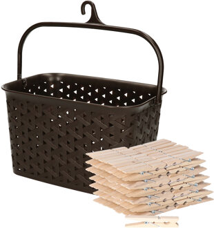 Sorbo Wasknijpers met 108x houten wasknijpers - In kunststof mandje - bruin - met ophang haak