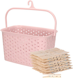 Sorbo Wasknijpers met 108x houten wasknijpers - In kunststof mandje - roze - met ophang haak