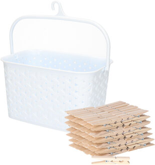 Sorbo Wasknijpers met 108x houten wasknijpers - In kunststof mandje - wit - met ophang haak