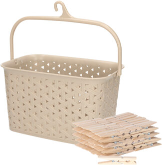 Sorbo Wasknijpers met 72x houten wasknijpers - In kunststof mandje - beige - met ophang haak