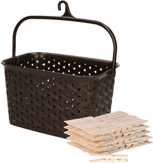 Sorbo Wasknijpers met 72x houten wasknijpers - In kunststof mandje - bruin - met ophang haak