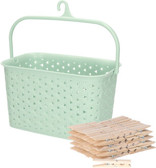 Sorbo Wasknijpers met 72x houten wasknijpers - In kunststof mandje - groen - met ophang haak