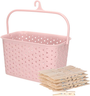 Sorbo Wasknijpers met 72x houten wasknijpers - In kunststof mandje - roze - met ophang haak