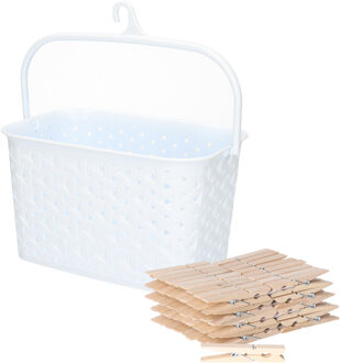 Sorbo Wasknijpers met 72x houten wasknijpers - In kunststof mandje - wit - met ophang haak