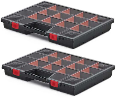 Sorteerbox/vakjes koffer - 2x - spijkers/schroeven/kleine spullen - 17-vaks - 49 x 39 x 6.5 cm