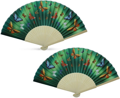 Spaanse hand of deco waaier met vlinders print - 2x - Decoratie vlinderprint - verkoeling zomer