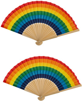 Spaanse hand waaier - 2x - Pride/Regenboog - bamboe/papier - 21 cm - Verkleedattributen Multikleur