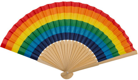 Spaanse hand waaier - Pride/Regenboog thema kleuren - bamboe/papier - 21 cm - Verkleedattributen Multikleur