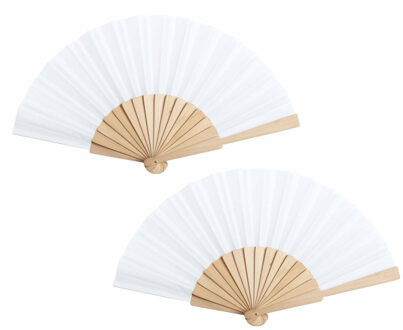 Spaanse handwaaier - 2x - wit - hout/polyester - 42 x 23 cm