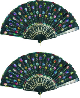 Spaanse handwaaier - 2x - zwart - pailletten - kunststof/polyester - 24 x 44 cm
