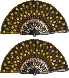 Spaanse handwaaier - 3x - zwart/goud - pailletten - kunststof/polyester - 24 x 44 cm - Verkleedattributen Goudkleurig