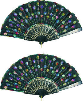 Spaanse handwaaier - 4x - zwart - pailletten - kunststof/polyester - 24 x 44 cm