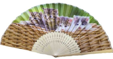 Spaanse handwaaier - kittens/poezen print - hout/polyester - 38 x 21 cm Multi
