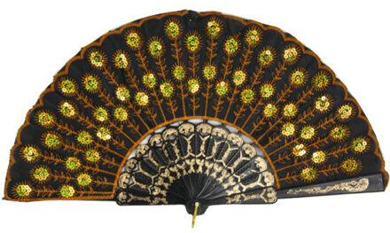 Spaanse handwaaier - zwart/goud - pailletten - kunststof/polyester - 24 x 44 cm