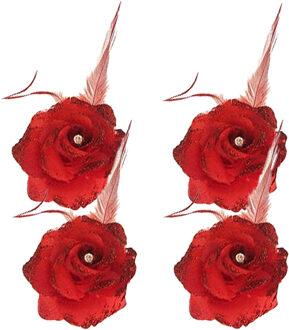 Spaanse of Hawaii thema haarbloem - 4x - rood - met speld/elastiek - verkleden - kunststof