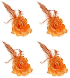 Spaanse of Hawaii thema haarbloem - 4x stuks - oranje - met speld/elastiek - verkleden - kunststof
