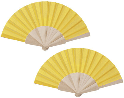 Spaanse waaier - 2x - geel - 42 x 23 cm - hout - verkoelend - handwaaier