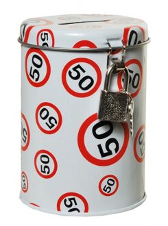 Spaarpot 50 jaar verjaardag - met verkeersborden print - 11 x 8 cm - met slotje Multi