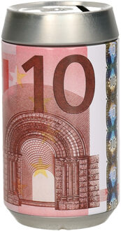 Spaarpot blik - 10 euro biljet print - metaal - D7 x H12 cm Blauw