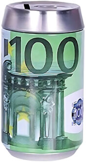 Spaarpot blik - 100 euro biljet print - metaal - D7 x H12 cm