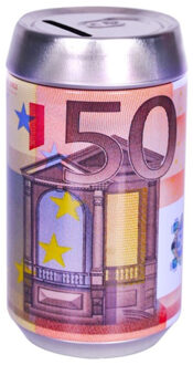 Spaarpot blik - 50 euro biljet print - metaal - D7 x H12 cm Oranje