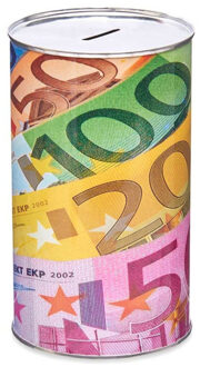 Spaarpot blik met een paar euro biljetten - gekleurd - 10 x 17 cm