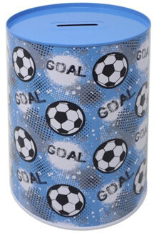 Spaarpot blik voetbal thema - blauw - D12 x H16 cm