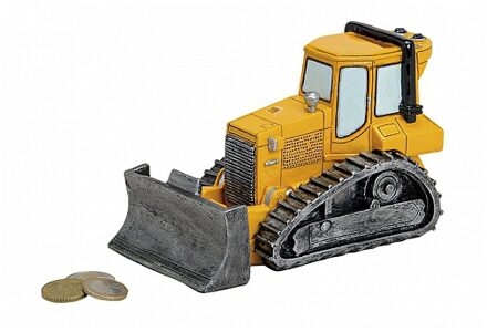 Spaarpot bulldozer - 17 cm - polystone - cadeau spaarpotten voertuigen thema Geel