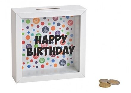 Spaarpot Happy Birthday - met glas - wit - 15 cm - hout - noodbox spaarpotten - Cadeau idee