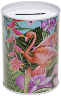 Spaarpot lichtblauw blik flamingo 7.5 x 10 cm - Spaarpotten Multikleur