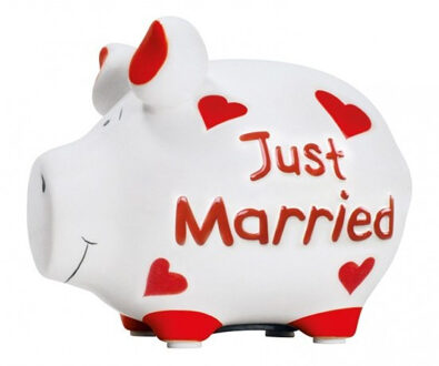Spaarpot spaarvarken Just Married print - 12 cm - Huwelijk/bruiloft cadeau