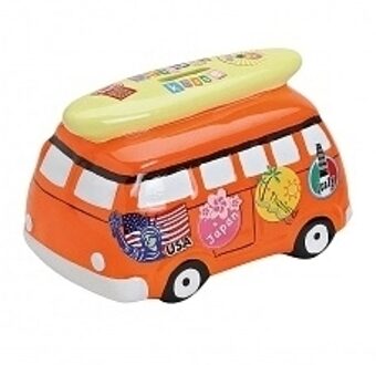 Spaarpot vakantie bus - oranje - 16 x 11 x 11 cm - keramiek - spaarvarken autobus