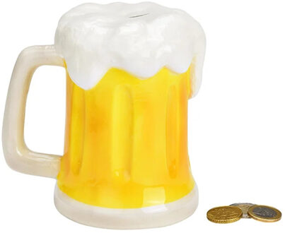 Spaarpot voor volwassenen - Thema Bierglas - keramiek - geel/wit - 14 x 11 cm