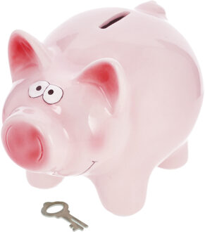 Spaarvarken met sleutel - keramiek - roze - 16 x 12 cm - Spaarpot - Spaarpotten